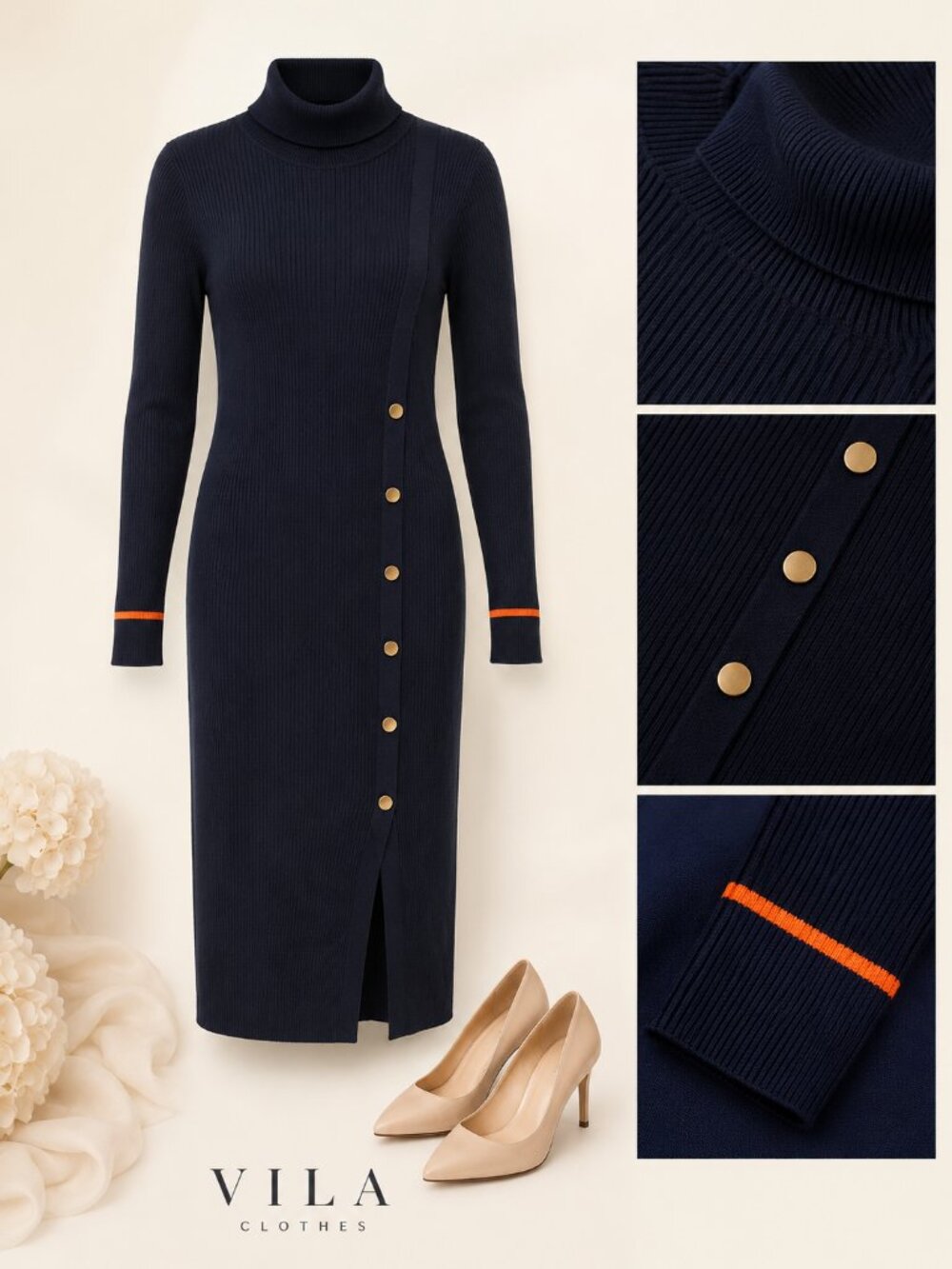 Vila Clothes Navy Ribbed Midi Sailor Bodycon Dress Size L NWT